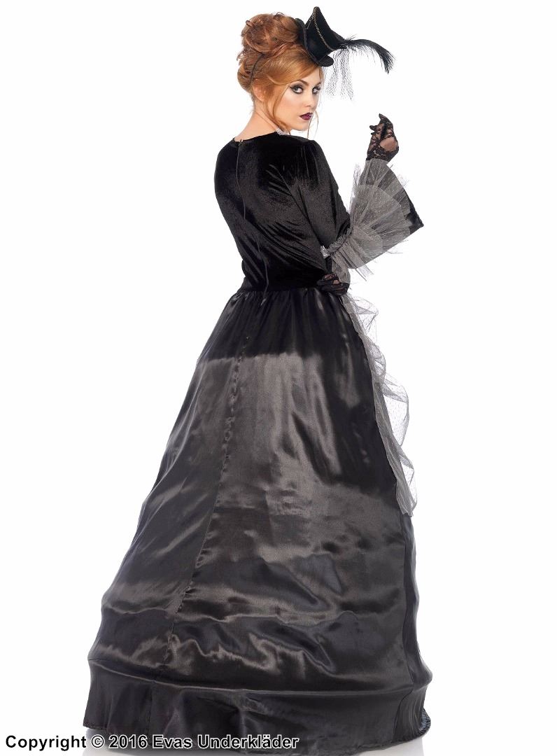 Mina Harker från Dracula, maskeradklänning i satin med sammet, rynkad mesh och volanger